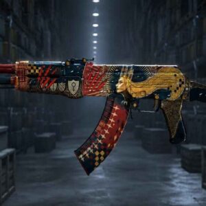 AK-47 with red, gold, and black custom artwork in a dark warehouse