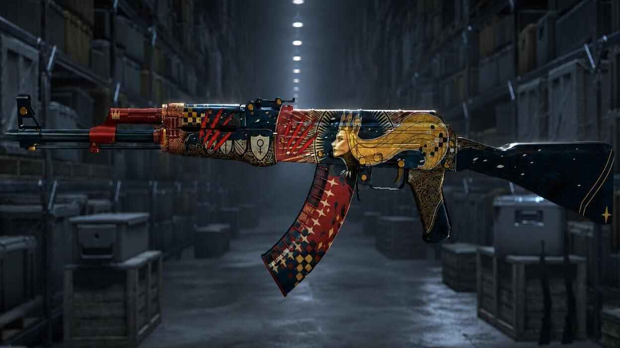 AK-47 with red, gold, and black custom artwork in a dark warehouse