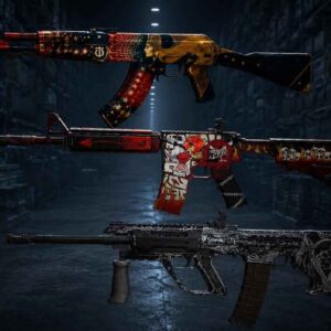 AK47, M4A1-S, and M4A4 rifle skins displayed together in a dark cinematic warehouse scene