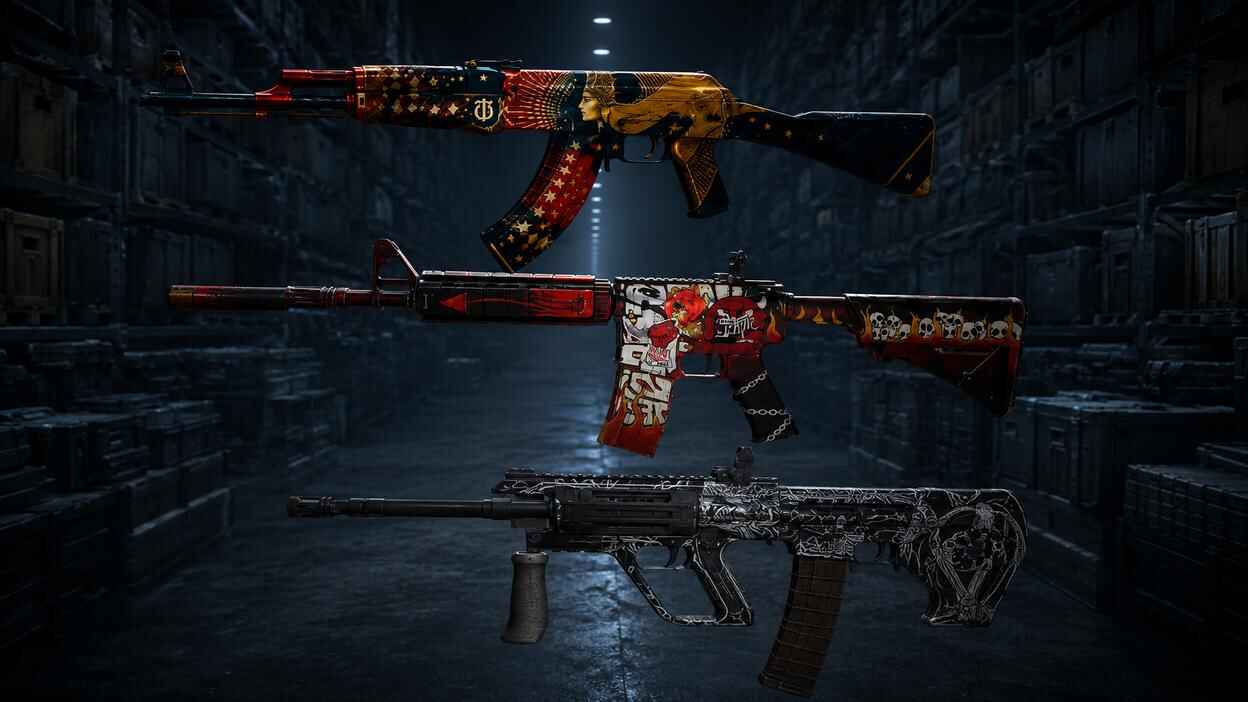 AK47, M4A1-S, and M4A4 rifle skins displayed together in a dark cinematic warehouse scene