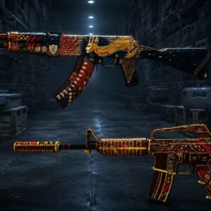AK-47 and M4A1-S weapons displayed in a dark warehouse scene