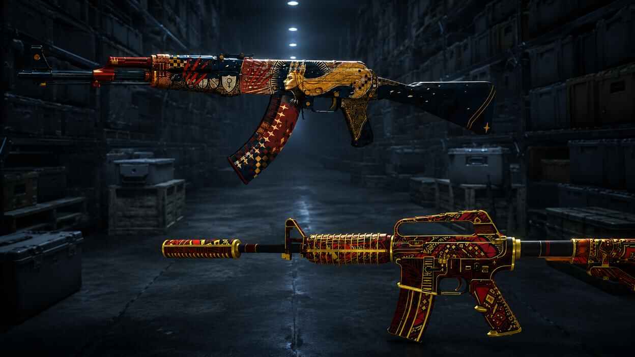 AK47 and M4A1-S weapons displayed in a dark warehouse scene