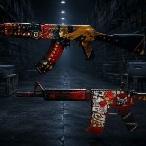 AK-47 and M4A4 weapons displayed in a dark warehouse scene