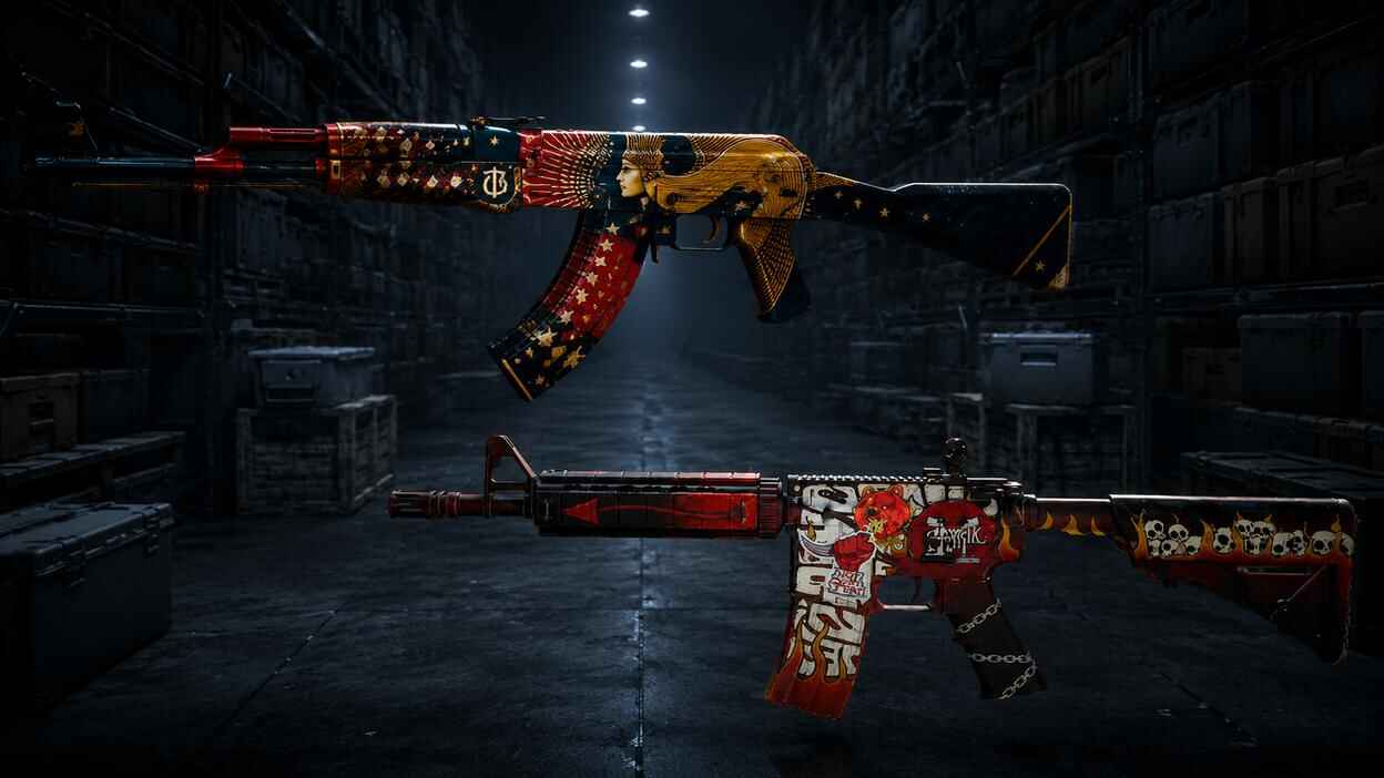 AK47 and M4A4 weapons displayed in a dark warehouse scene