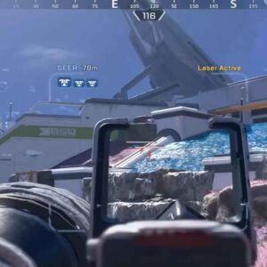 Apex Legends-style first-person aiming scene on a futuristic map with a visible laser target