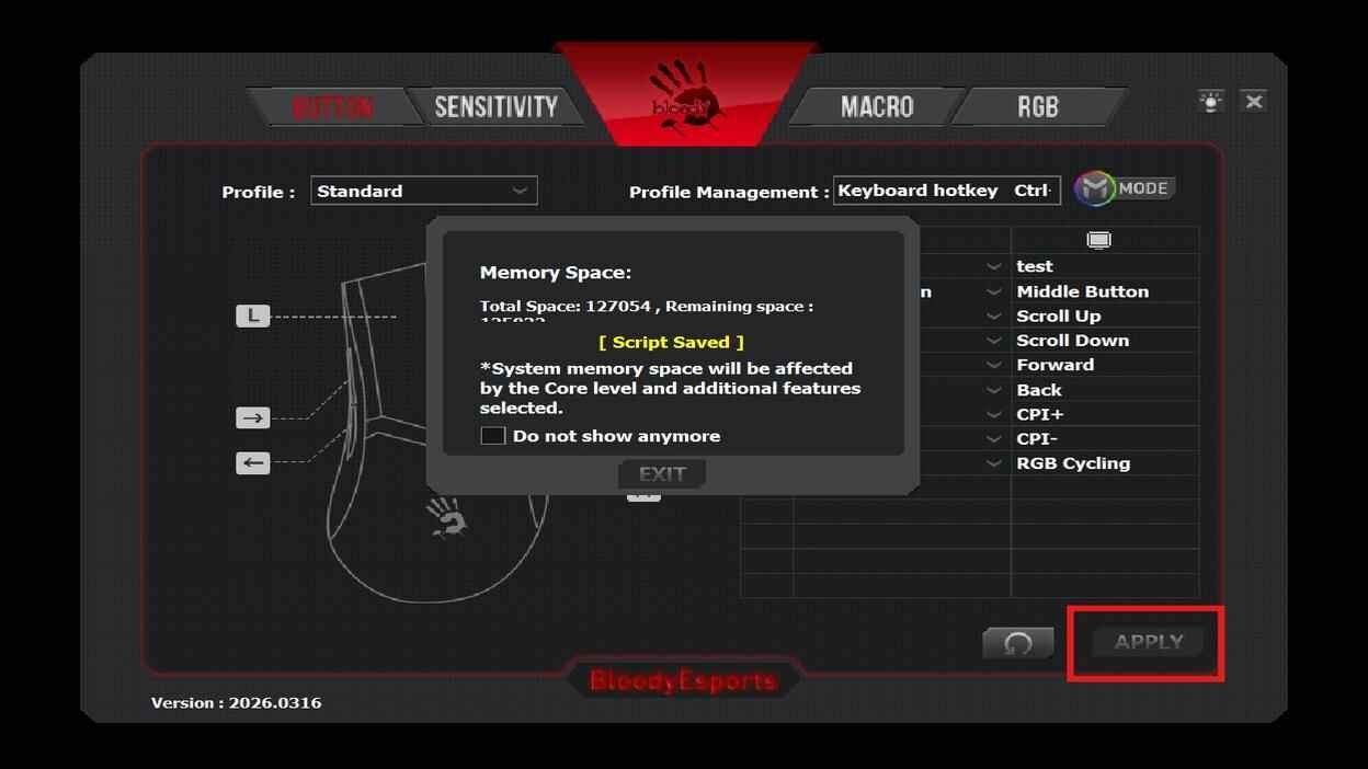 Bloody Esports interface showing Script Saved message and the Apply button highlighted
