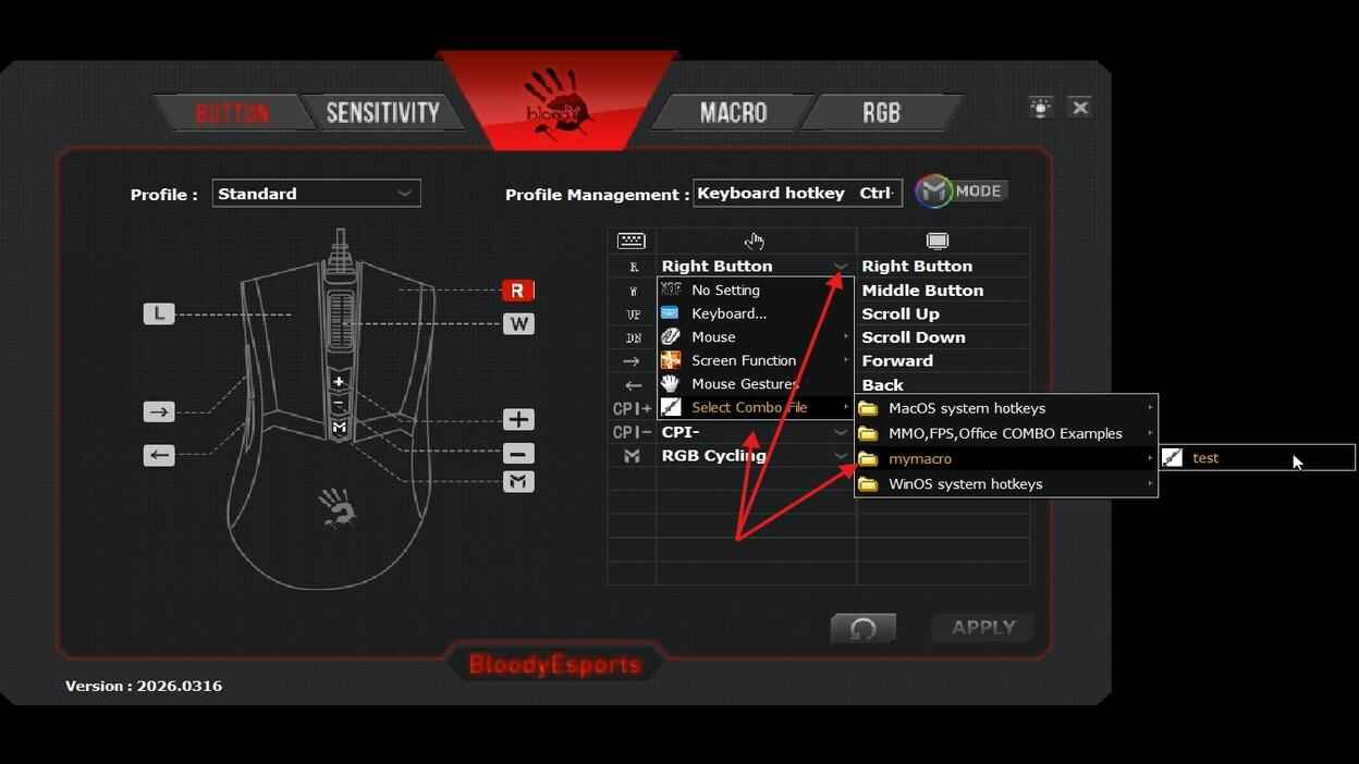 Bloody Esports Button tab showing a macro selected from the mymacro folder for the right mouse button