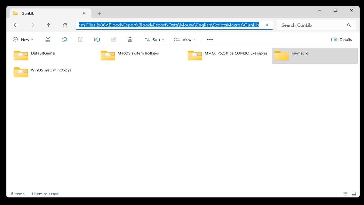Windows File Explorer showing the Bloody Esport GunLib macro folder path with a custom mymacro folder selected