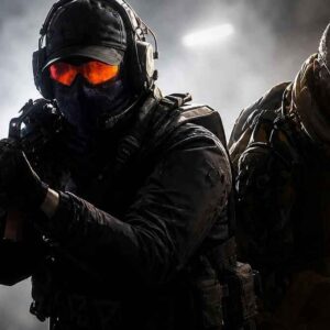 CS2-style tactical operators with orange goggles, dark gear, rifles, smoke, and dramatic lighting