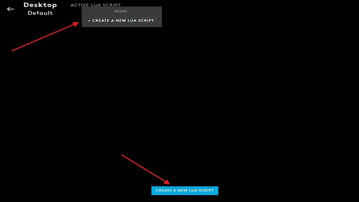 Logitech G HUB Lua scripting screen showing the Create a New Lua Script button