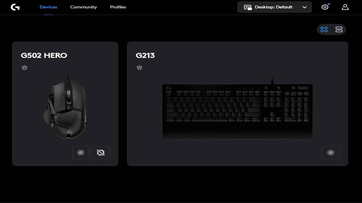 Logitech G HUB devices screen showing G502 HERO mouse and G213 keyboard connected