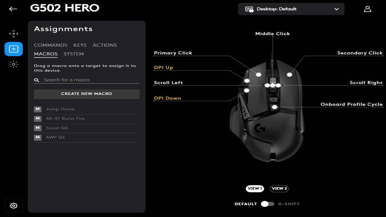 Logitech G HUB G502 HERO assignments screen with the Macros tab and Create New Macro button