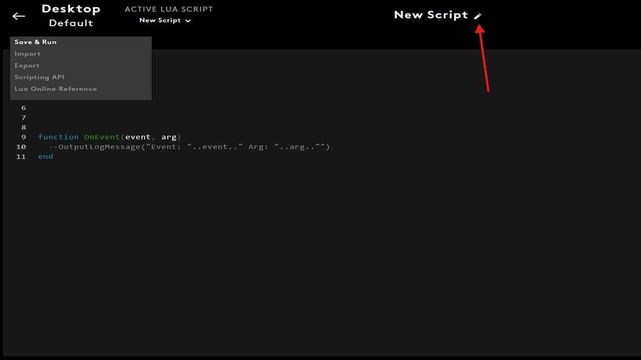 Logitech G HUB Lua script editor showing a new script with Save & Run and the script name edit button