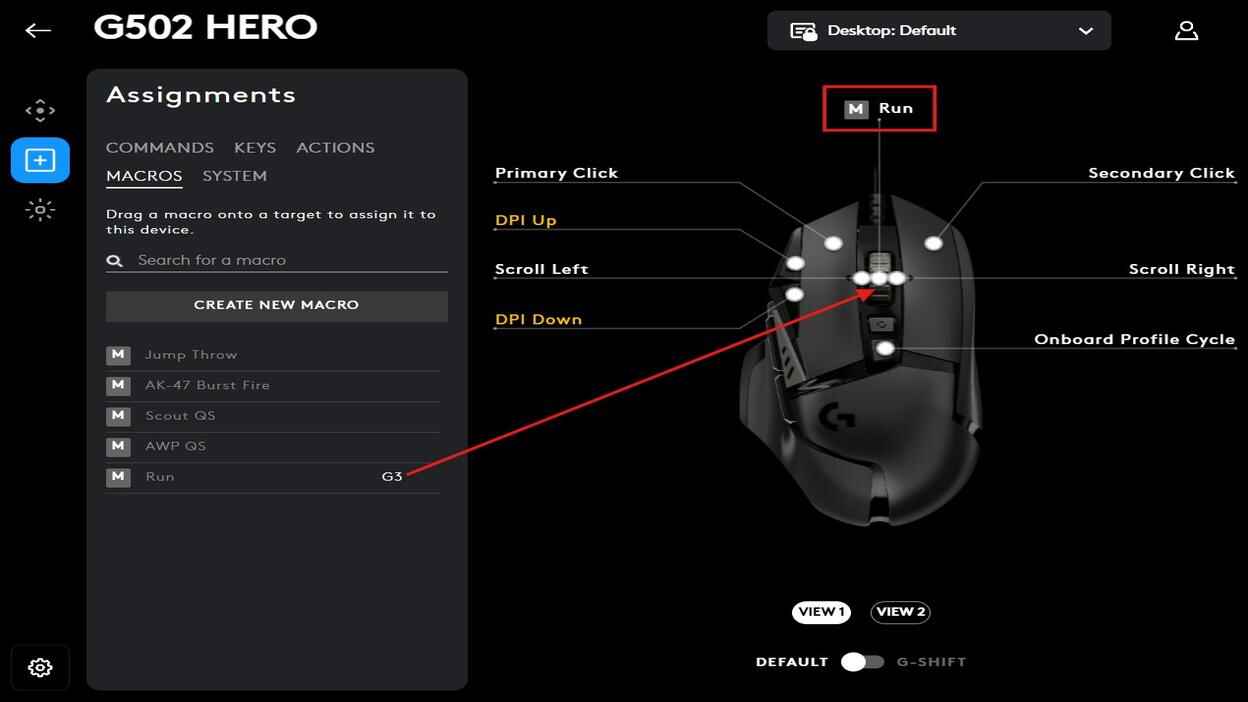 Logitech G HUB G502 HERO assignments screen showing the Run macro assigned to the G3 mouse button