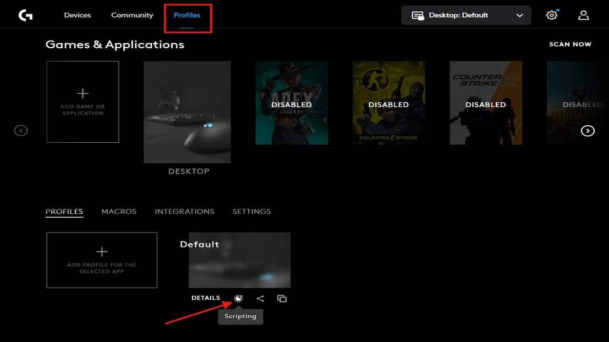Logitech G HUB Profiles tab showing the Scripting button for the Desktop Default profile