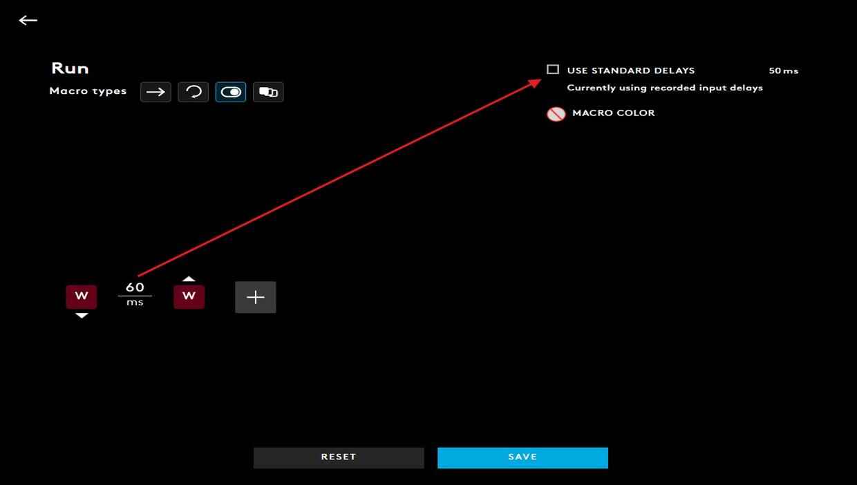 Logitech G HUB macro editor showing W key actions with a 60 ms delay and Use Standard Delays disabled