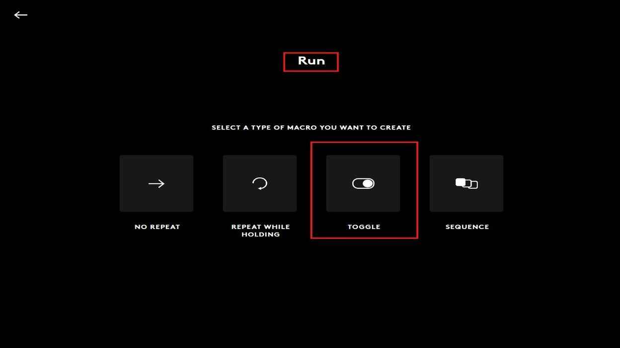 Logitech G HUB macro type selection screen with Toggle mode highlighted for a macro named Run