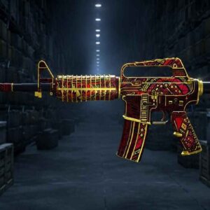 A red and gold M4A1-S rifle in a dark warehouse