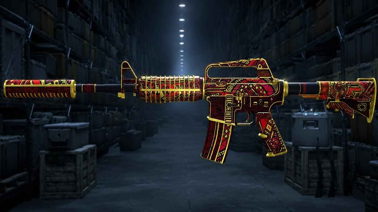 A red and gold M4A1-S rifle in a dark warehouse