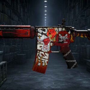 A red and black M4A4 rifle in a dark warehouse