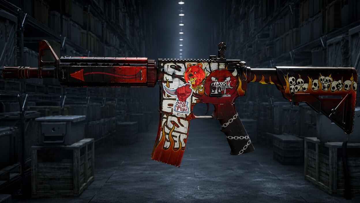 A red and black M4A4 rifle in a dark warehouse