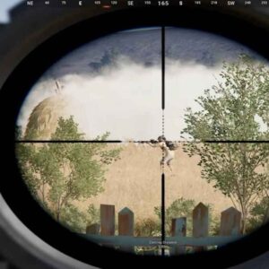 PUBG-style sniper scope view aiming at a distant player through smoke and trees