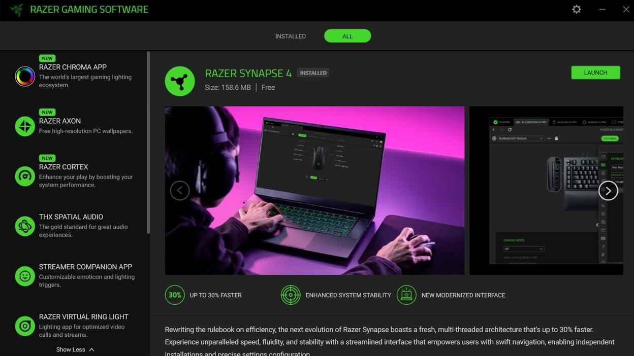 Razer Gaming Software screen showing Razer Synapse 4 installed with a Launch button