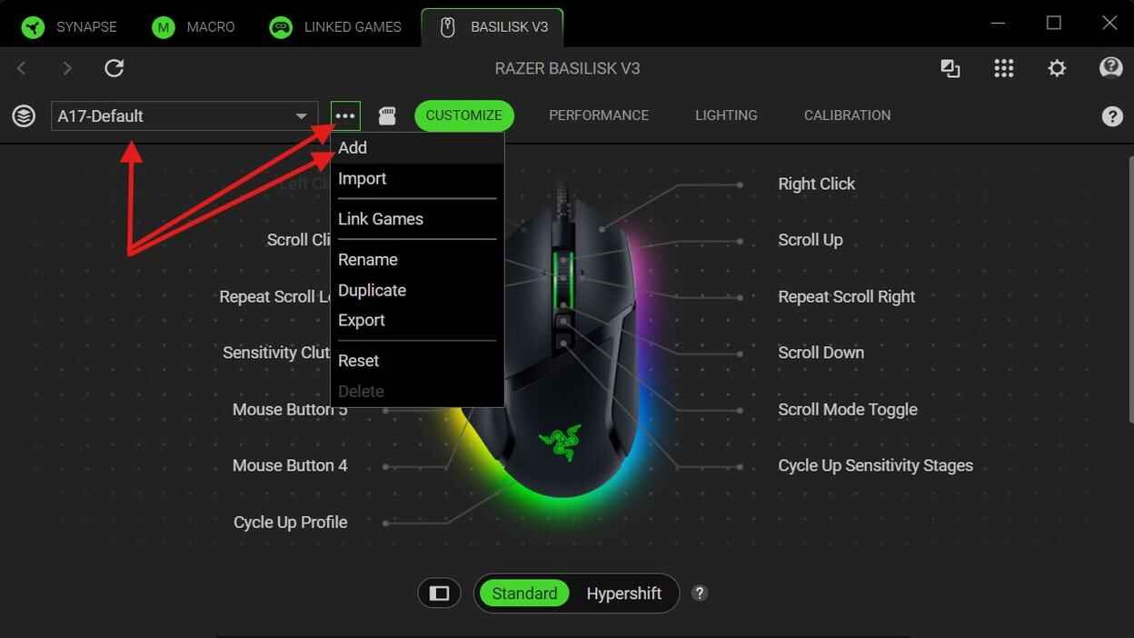 Razer Synapse profile menu showing Add selected for creating a new Basilisk V3 profile