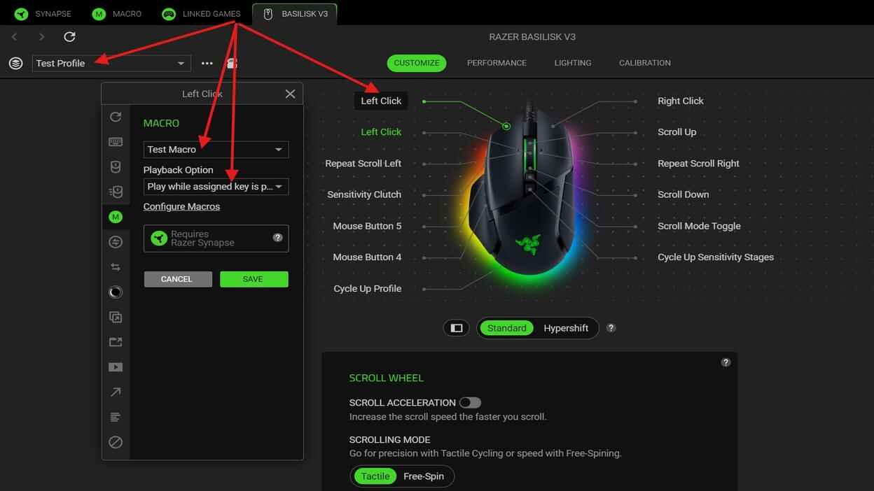 Razer Synapse Customize tab showing an imported Test Macro assigned to left click with play while pressed option