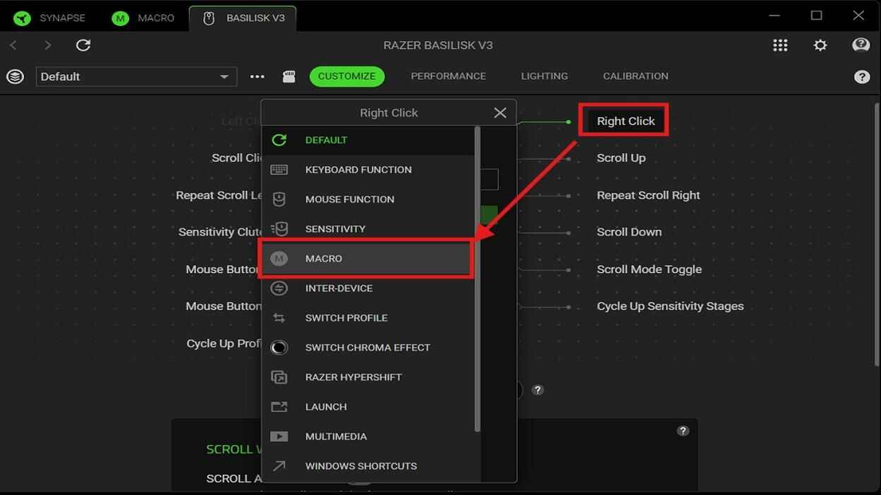 Razer Synapse Customize tab showing the Macro option selected for the Right Click button