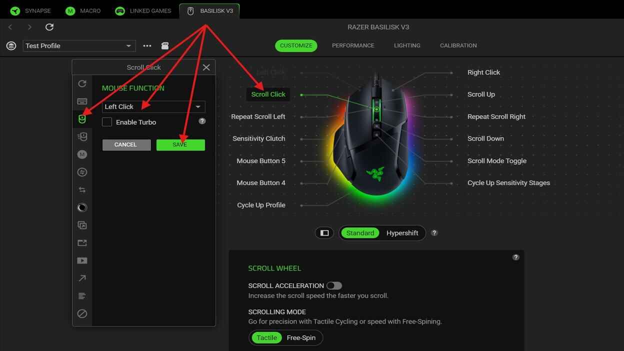 Razer Synapse Customize tab showing Scroll Click changed to Left Click in the Mouse Function menu