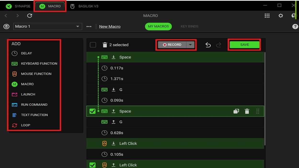 Razer Synapse Macro tab showing add options, recorded actions, Record button, and Save button