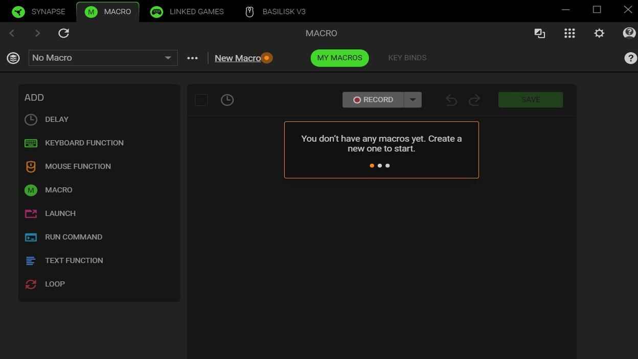 Razer Synapse Macro tab showing a message that no macros exist yet