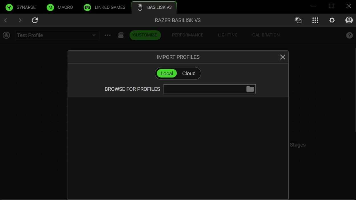 Razer Synapse Import Profiles window showing Local profile import option