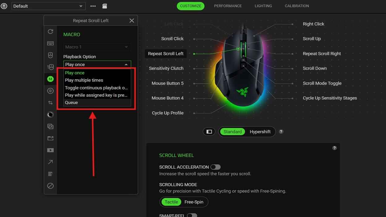 Razer Synapse macro playback options dropdown showing Play once, Play multiple times, Toggle, Play while pressed, and Queue