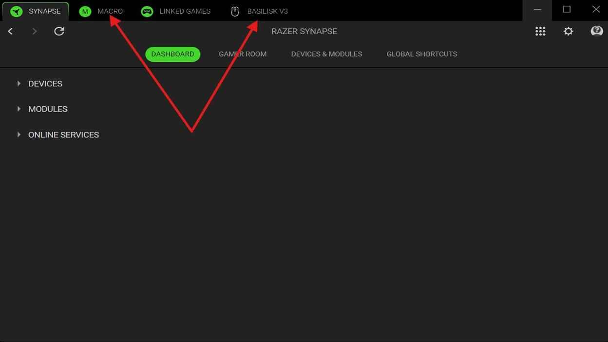 Razer Synapse dashboard showing the Macro module and Basilisk V3 device module installed