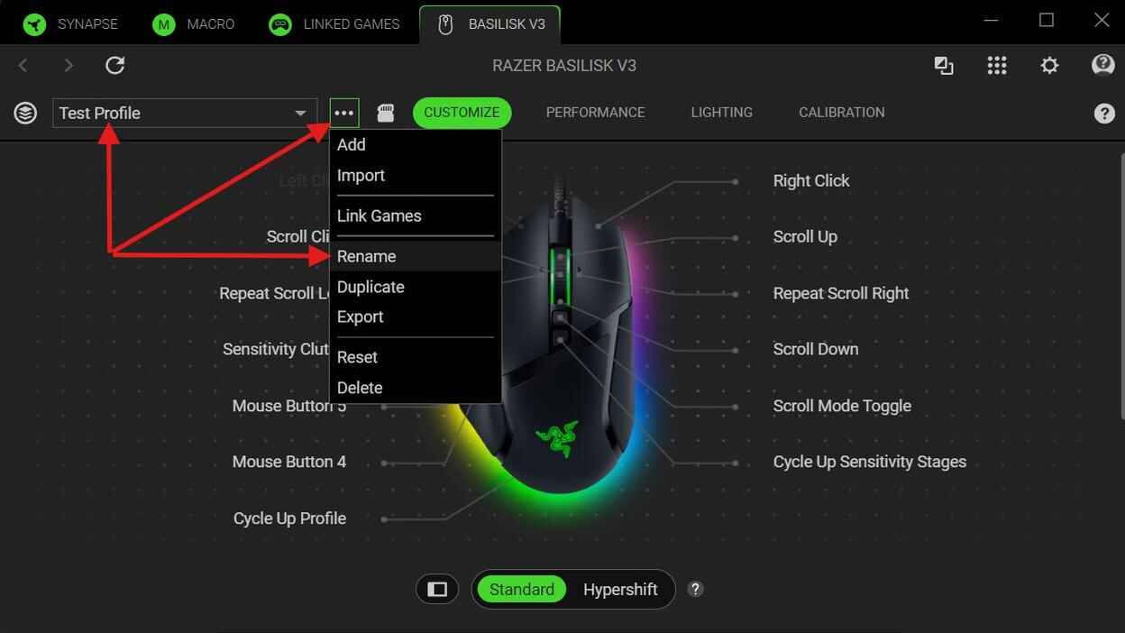 Razer Synapse profile menu showing Rename selected for the Test Profile