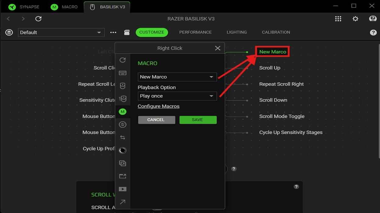 Razer Synapse macro assignment panel showing New Macro selected for the Right Click button